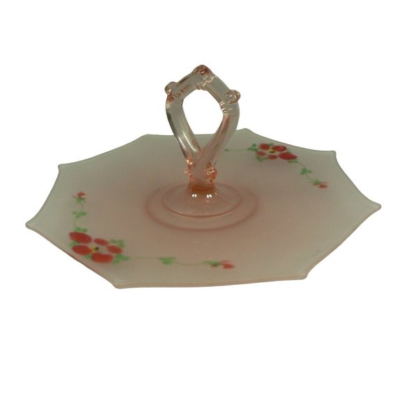 Server Depression Glass Frosted Pink Octagonal Sandwich Dessert Hand Painted 8 s - Picture 4 of 12
